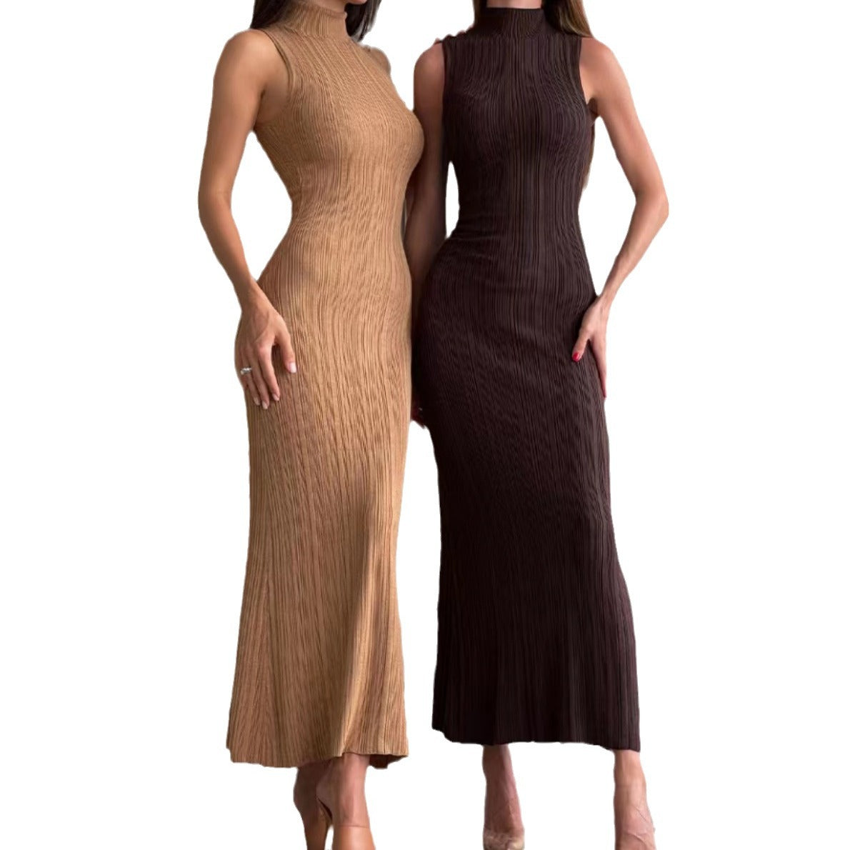 Damen Maxikleid Hohler Kragen Rippmuster Elegant
