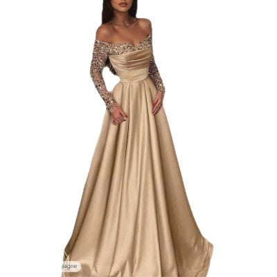 Damen Elegantes Ballkleid Schimmerndes Oberteil Bestickte Ärmel
