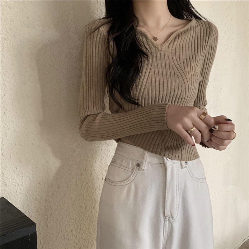 Damen V-Ausschnitt Feinstrickpullover Rippstruktur