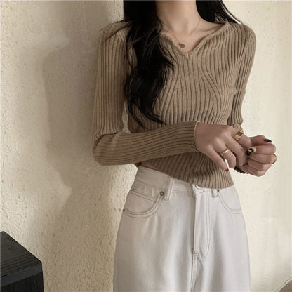 Damen V-Ausschnitt Feinstrickpullover Rippstruktur