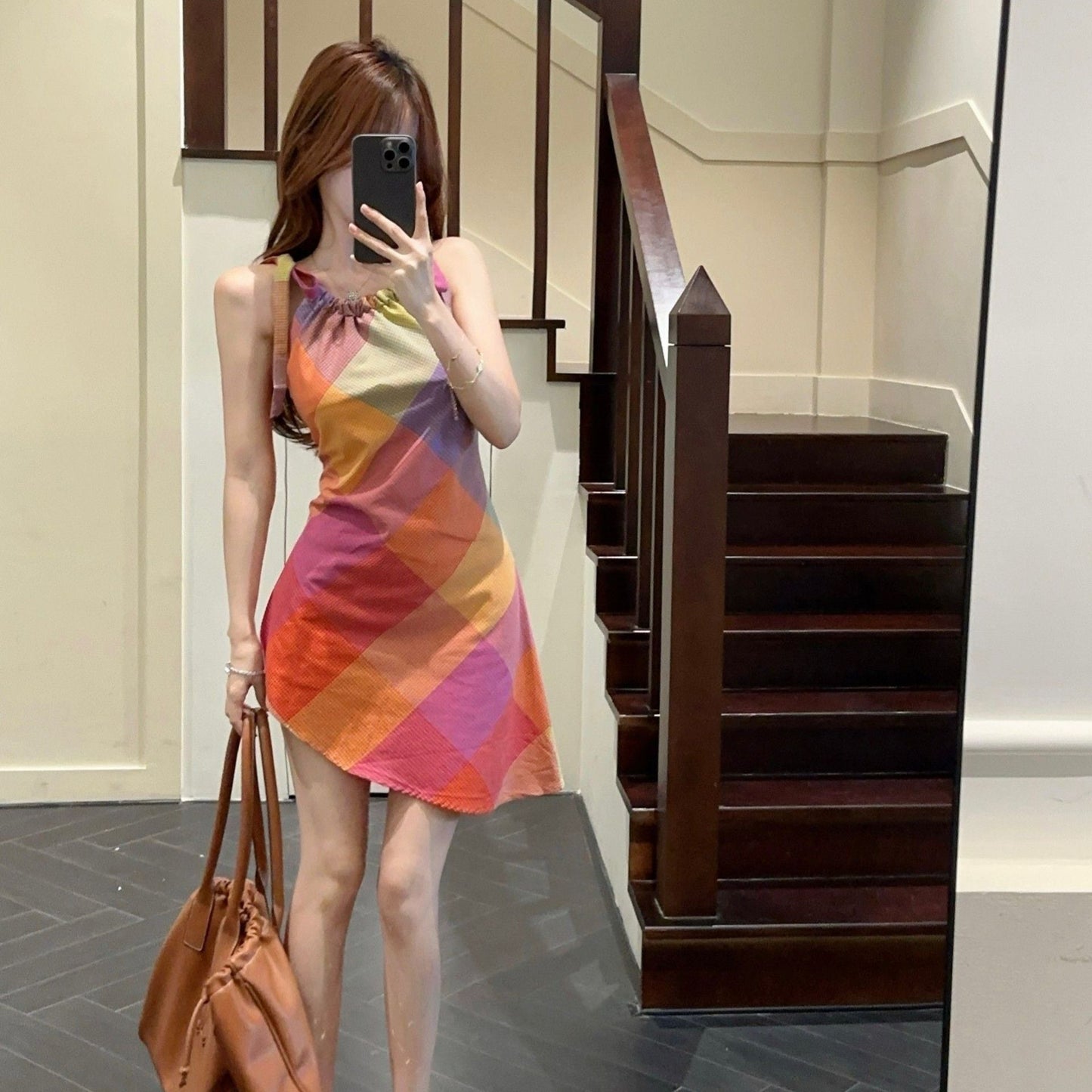 Damen Kurzarmkleid Karomuster Elastisch V-Ausschnitt