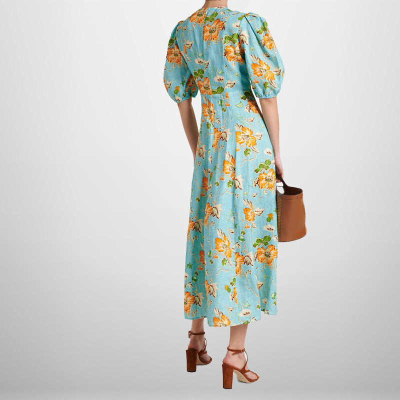 Damen Midikleid Voluminöse Puffärmel Florales Muster Norvielle