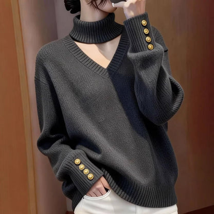 Damen Strickpullover Rollkragen Knopfdetails Norvielle