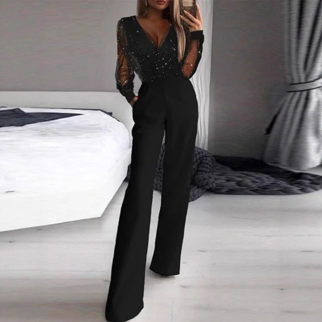Damen Jumpsuit Elegante Bluse Transparent Schimmernd Norvielle