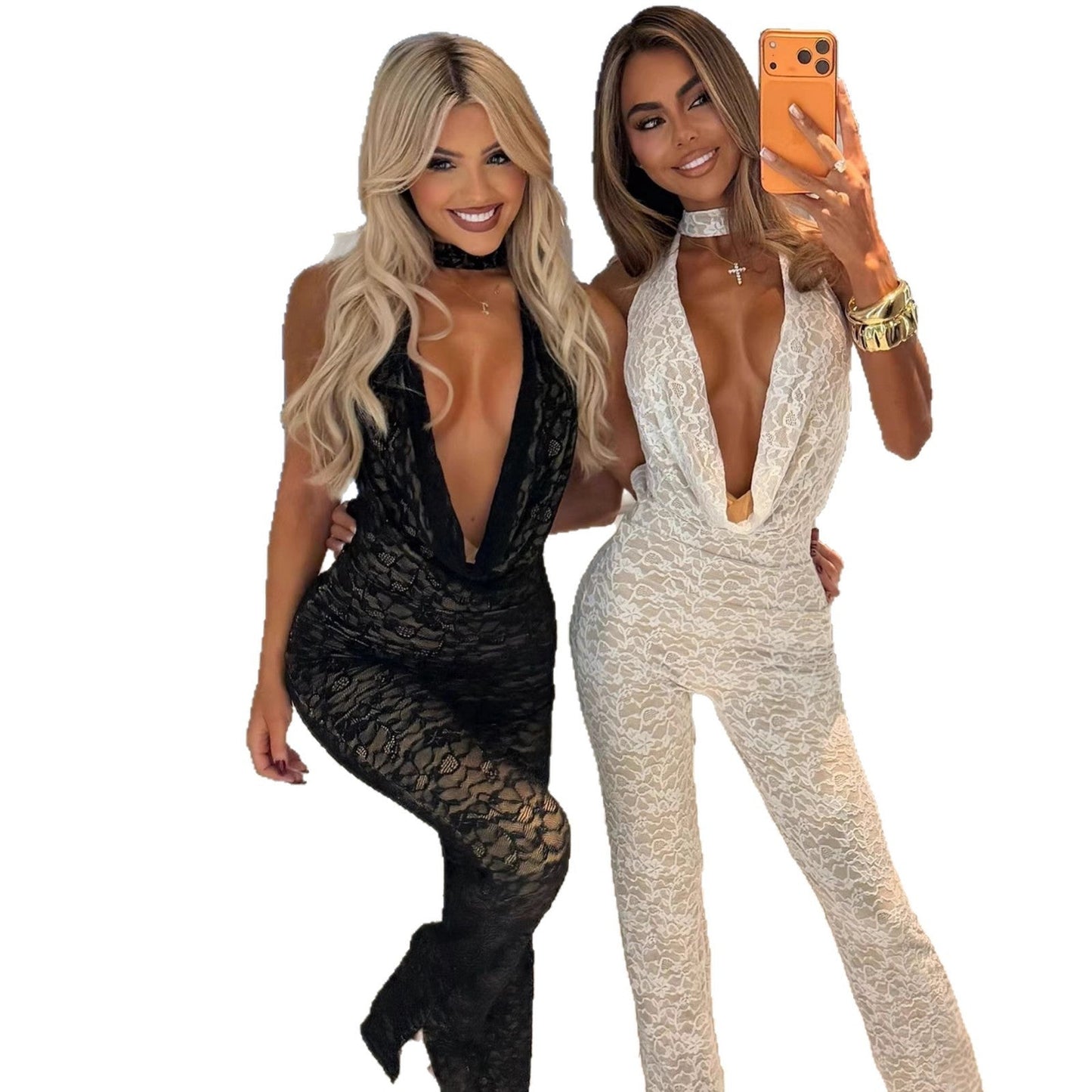 Damen Jumpsuit Spitze V-Ausschnitt Eleganter Rücken Norvielle