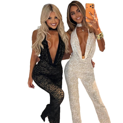 Damen Jumpsuit Spitze V-Ausschnitt Eleganter Rücken Norvielle