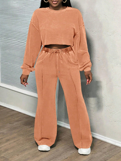 Damen Crop- und Hose Set Baumwolle Beige