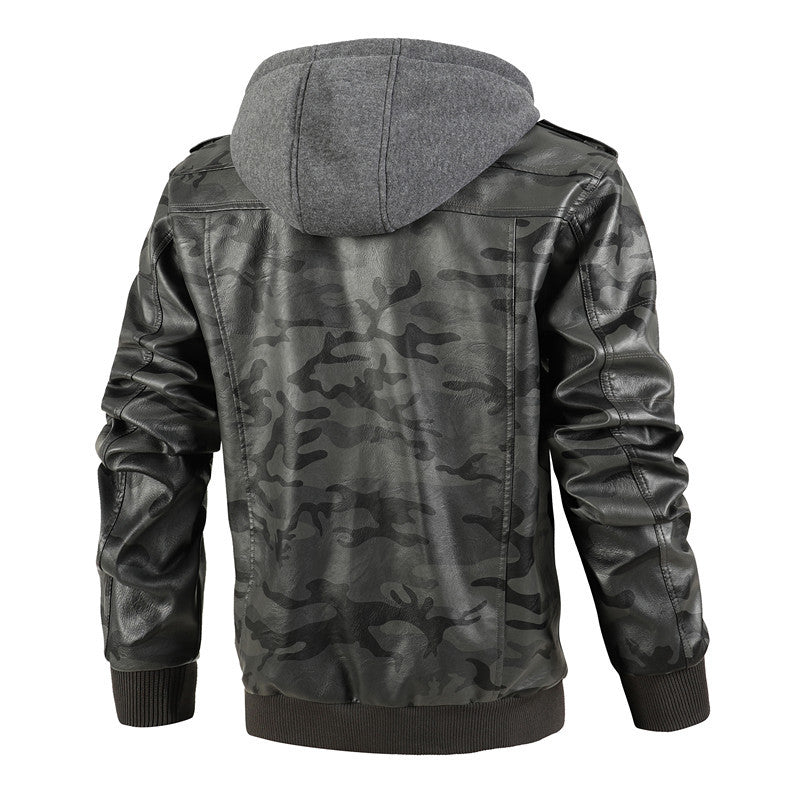 Herren Camouflage Jacke Synthetikleder Kapuze Taschen
