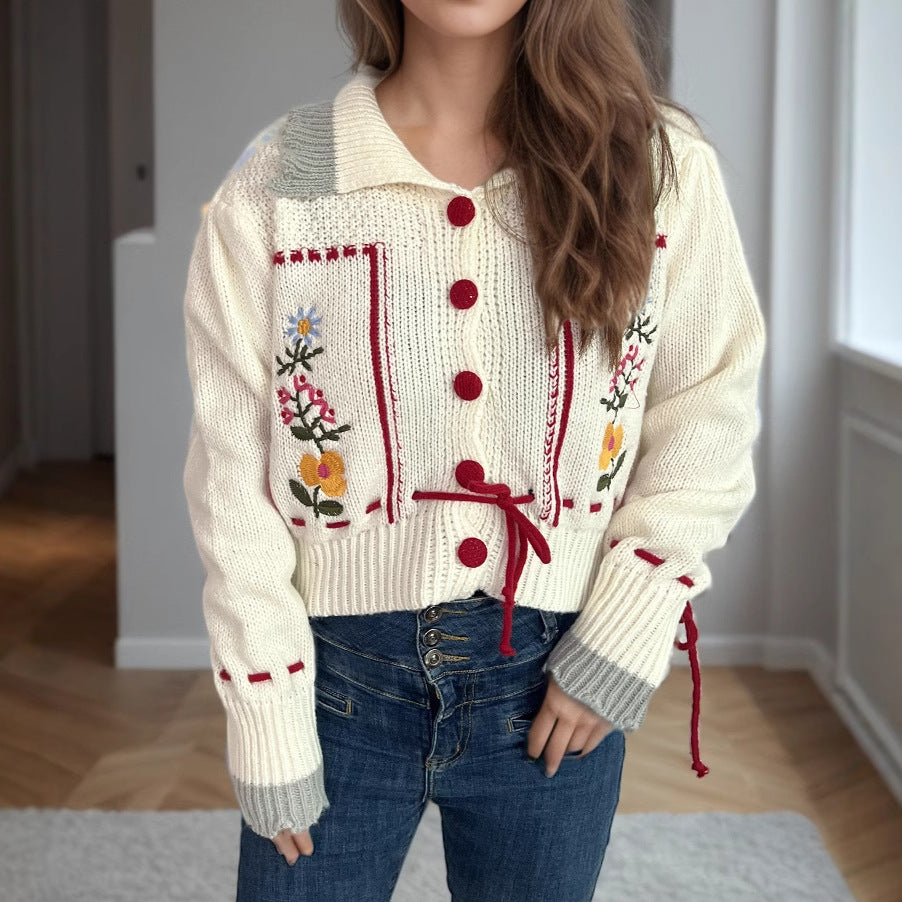Damen Strickjacke Blumenstickerei Kordelzug Norvielle