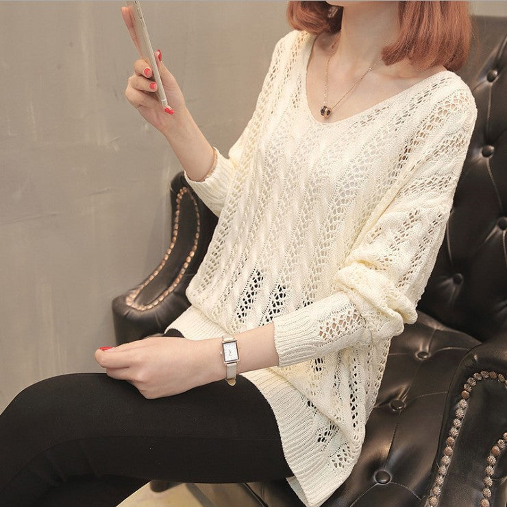 Damen Strickpullover V-Ausschnitt Feine Lochstruktur Norvielle