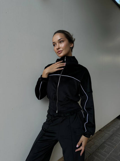 Damen Sportanzug Cropped Hohler Kragen Reißverschluss