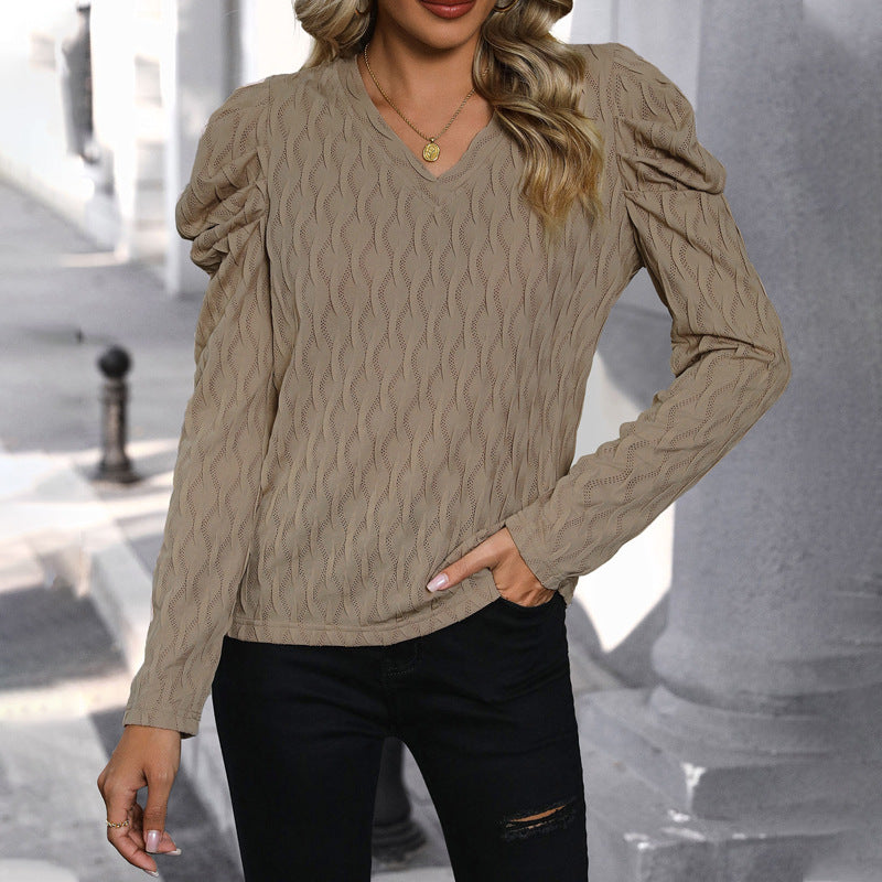 Damen Pullover Strukturiertes Wellenmuster Puffärmel Norvielle