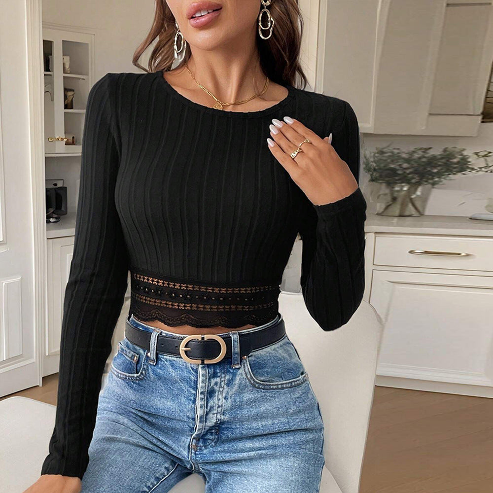 Damen Cropped Longsleeve Spitzenakzente Weiß - Norvielle