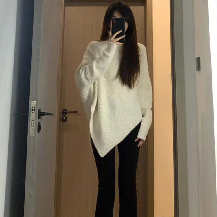 Damen Strickpullover Oversized Asymmetrisch Rippstruktur Beige