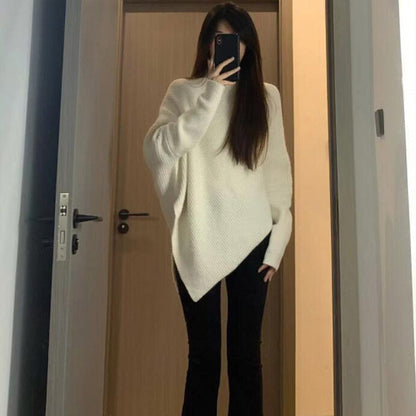 Damen Strickpullover Oversized Asymmetrisch Rippstruktur Beige