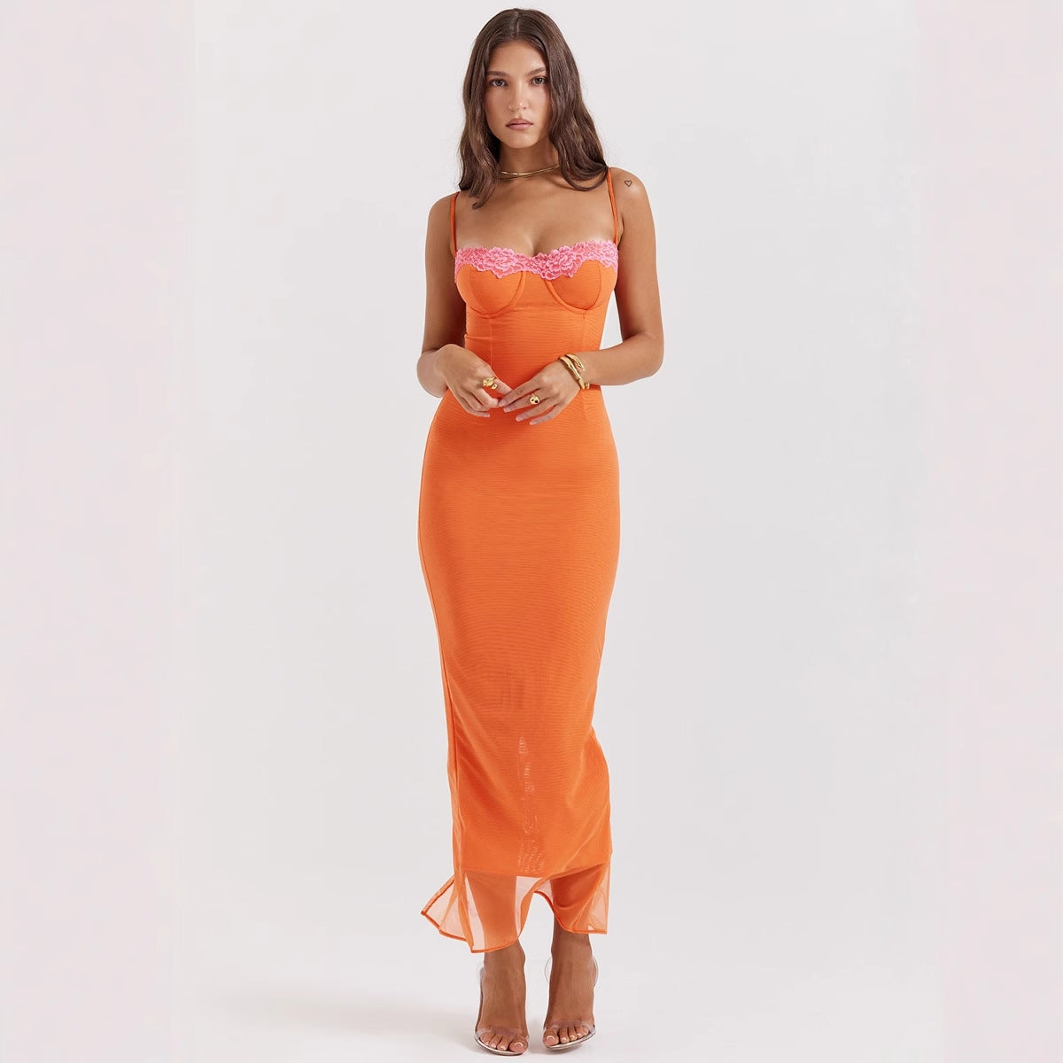 Damen Maxikleid Herzförmiger Ausschnitt Transparent Norvielle