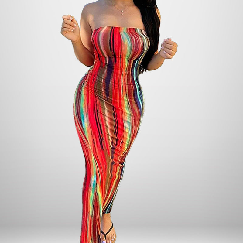 Damen Maxikleid Schulterfrei Farbenfroh Norvielle