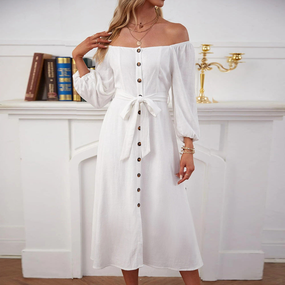 Damen Maxikleid Schulterfrei Dekorative Knöpfe Norvielle