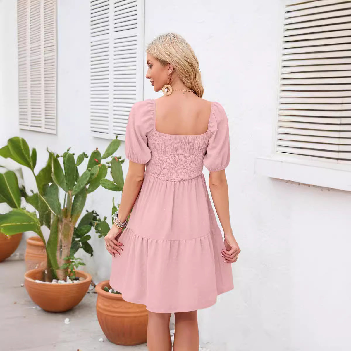 Damen Luftiges Shirtkleid Puffärmel Rüschensaum Norvielle