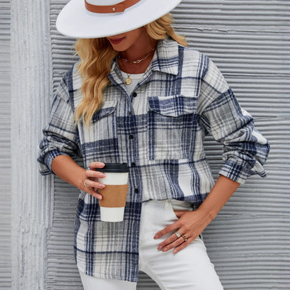 Damen Karobluse Weiches Flanell Knopfleiste