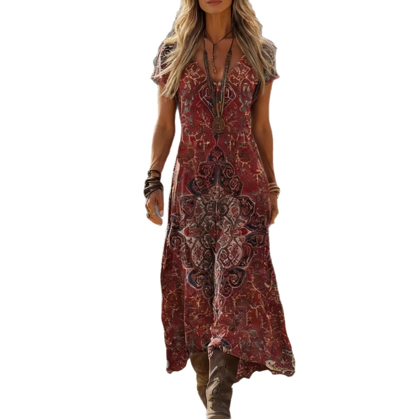 Damen Maxikleid V-Ausschnitt Kunstvolles Muster