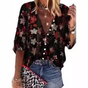 Damen Bluse Transparent Floral Stickerei Übergroß Norvielle