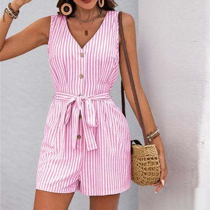 Norvielle Damen Ärmellose Gestreifte Shorts Jumpsuit V-Ausschnitt