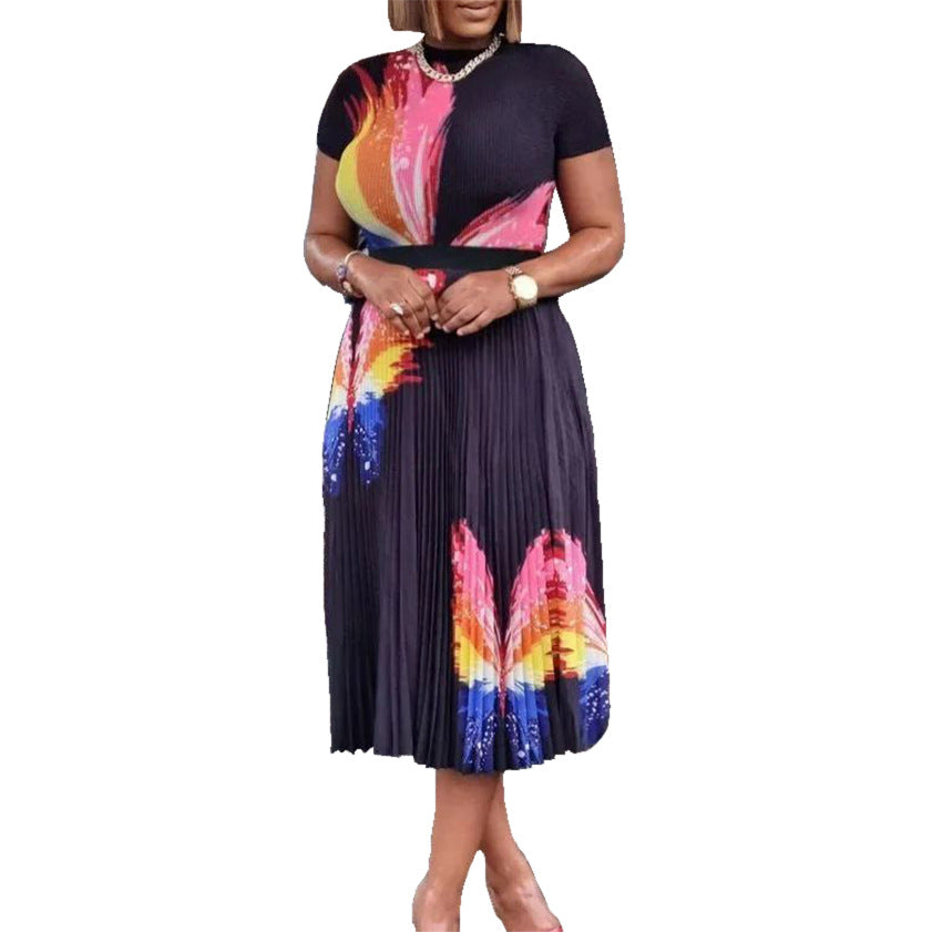 Damen Maxikleid Bunt Schmetterling Plisseefalte