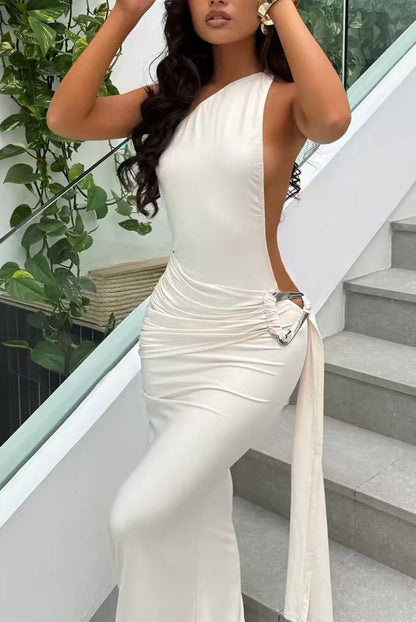 Damen Maxikleid Cut-Out Rückenausschnitt Seidenchiffon Beige