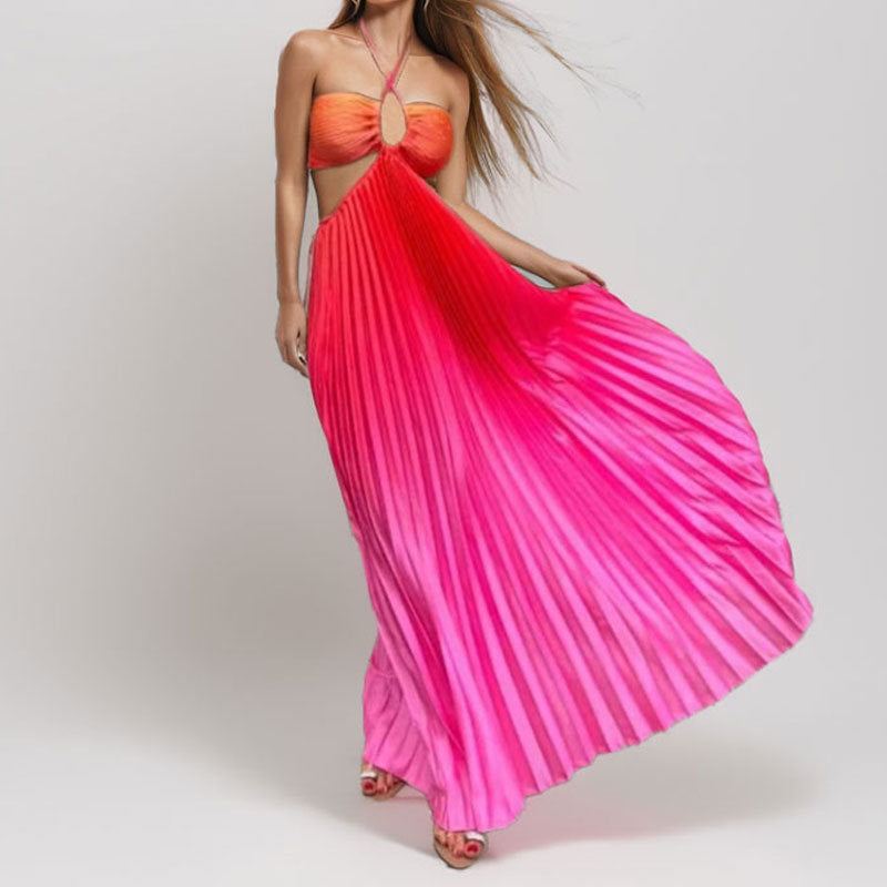 Damen Maxikleid Plissee Ausschnitt Cut-Out Norvielle