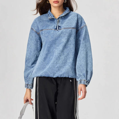 Damen Denim-Pullover Stehkragen Reißverschluss