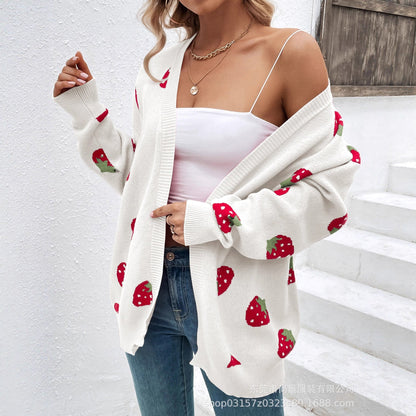 Damen Strickjacke Erdbeer-Muster Norvielle