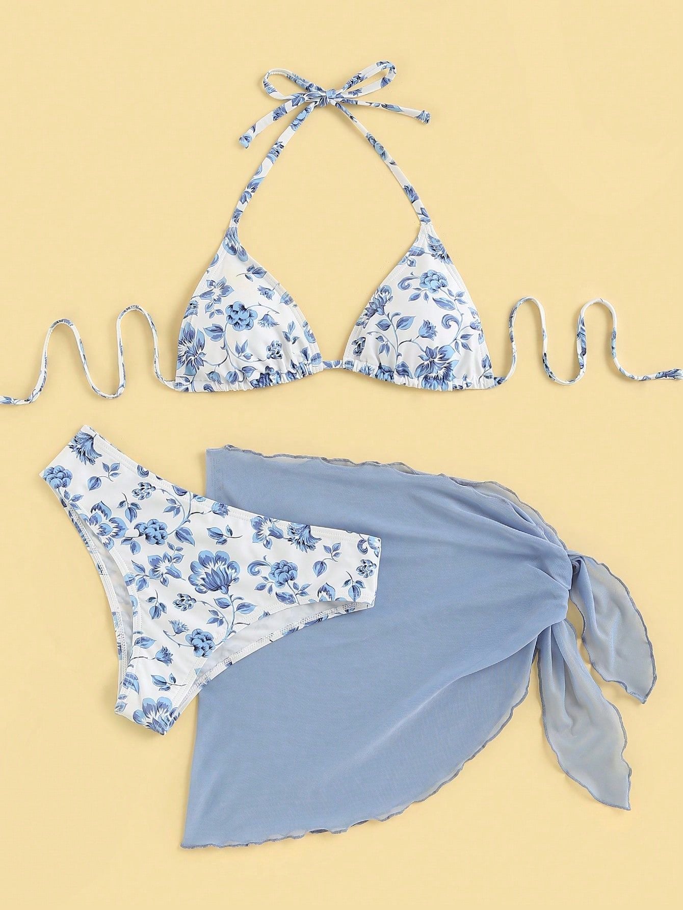 Damen Triangel-Bikini-Set Blumenmuster mit Pareo