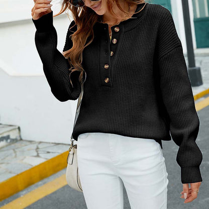Grauer Damen Strickpullover Rundhals Knopfleiste