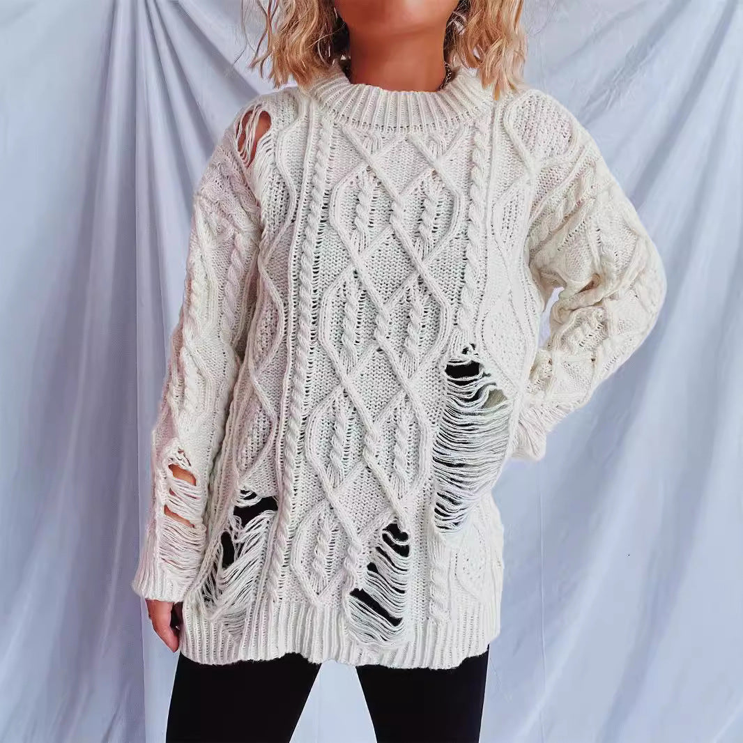 Damen Oversized-Pullover Strukturiertes Zopfmuster Fransen Beige