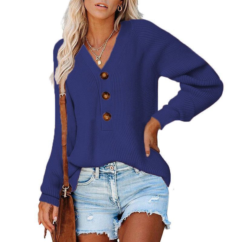 Damen Pullover V-Ausschnitt Holzknöpfe Norvielle