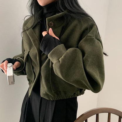 Damen Cropped Bomberjacke Voluminöse Ärmel Praktische Taschen