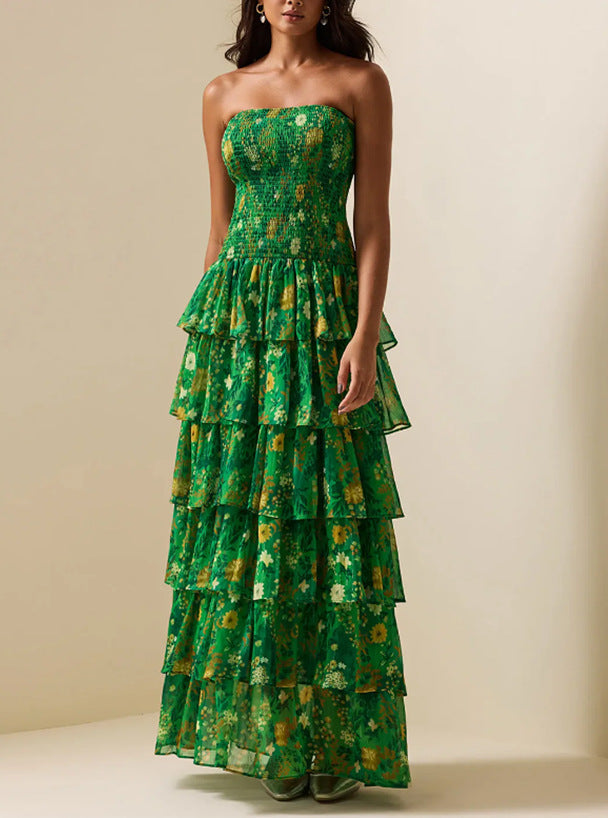 Damen Maxikleid Langärmlig Voluminöse Rüschen Florales Design