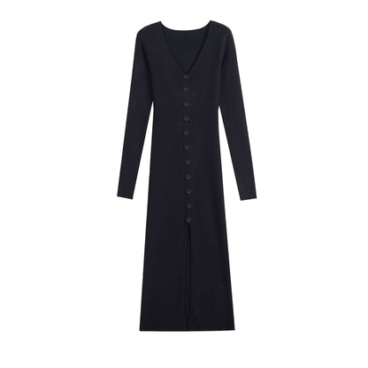 Damen Strickkleid V-Ausschnitt Hochgeschlossen