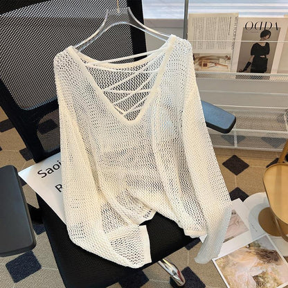 Damen Netzpullover Offener Schnitt V-Ausschnitt