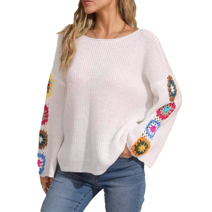 Damen Strickpullover Bunt Häkelmotiv Weit Norvielle