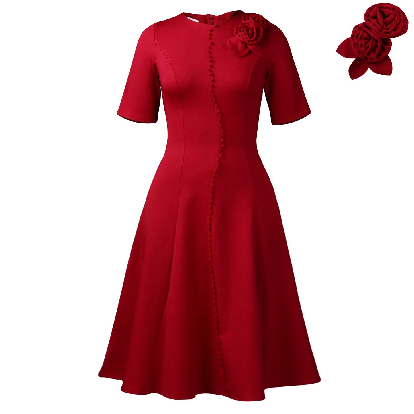 Damen A-Linien Kleid mit Knöpfen und Blumenmuster