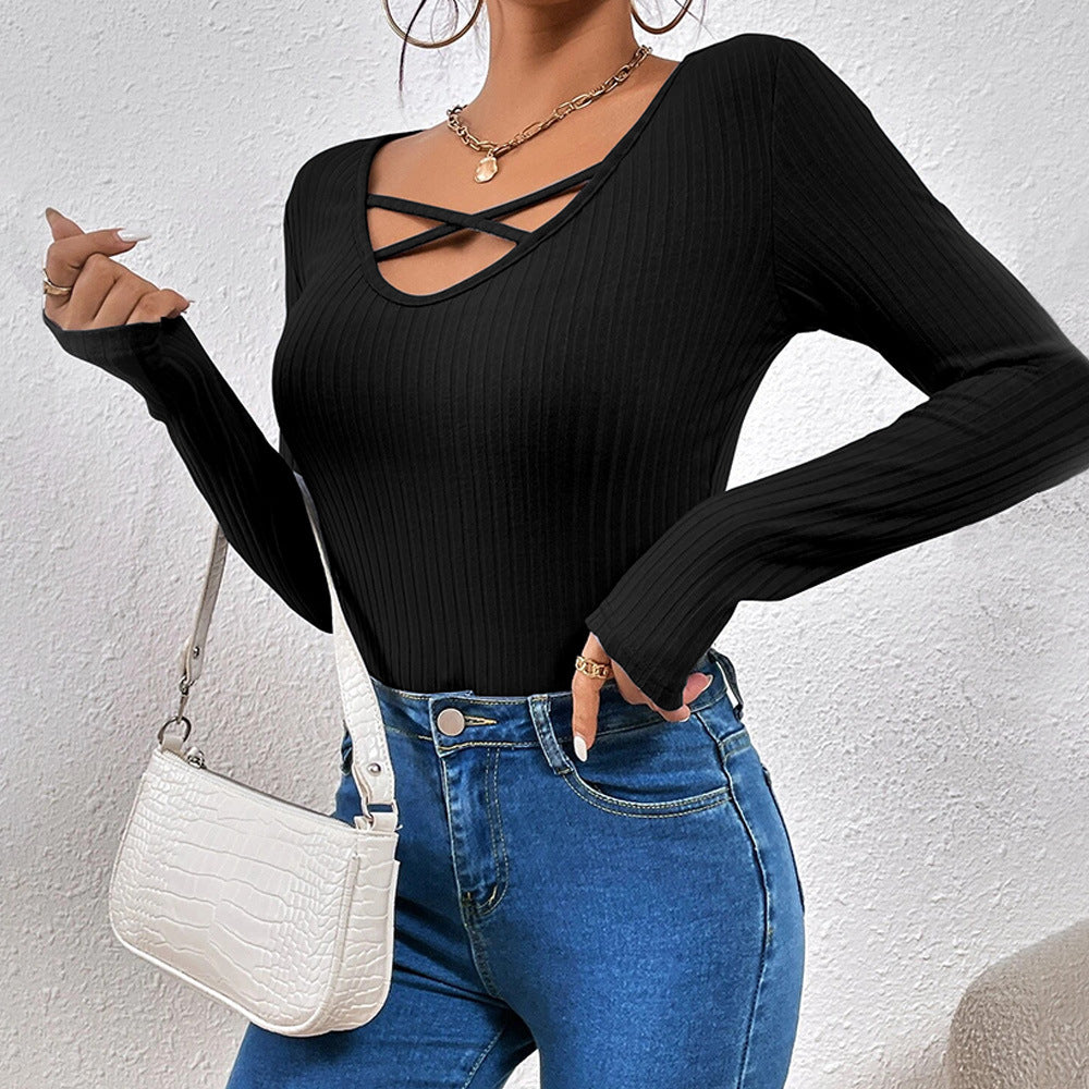 Damen Langarmshirt Modischer Kreuz-Ausschnitt Baumwolle Weiß