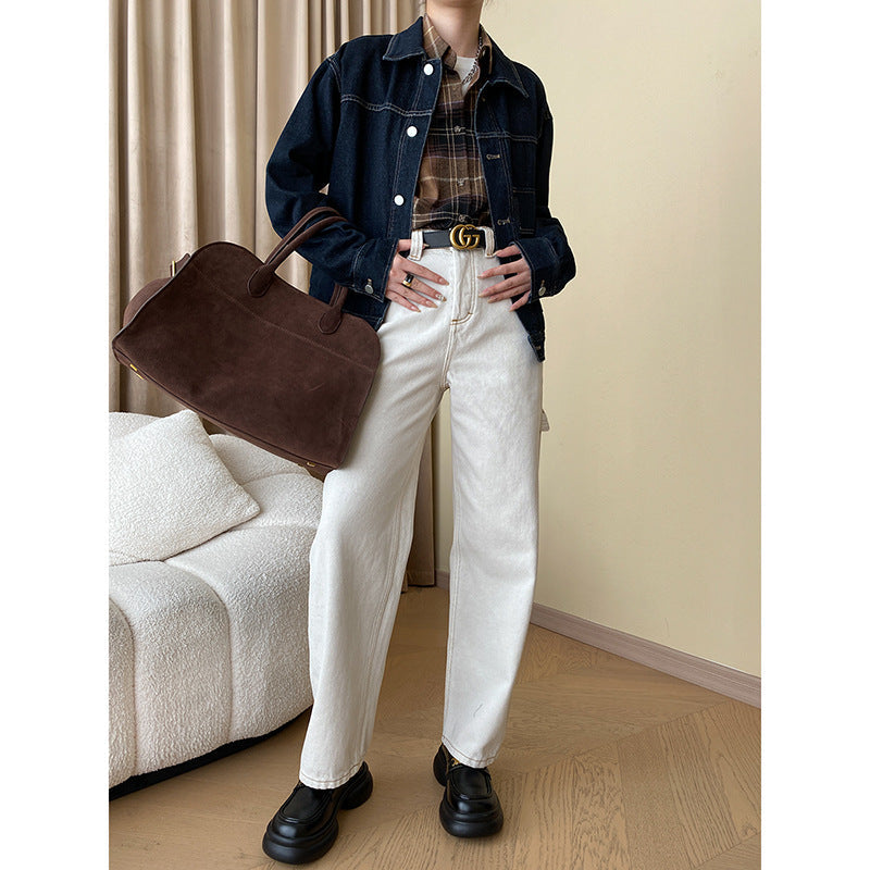 Damen Chino-Hose Hochtailliert Gerader Schnitt Beige
