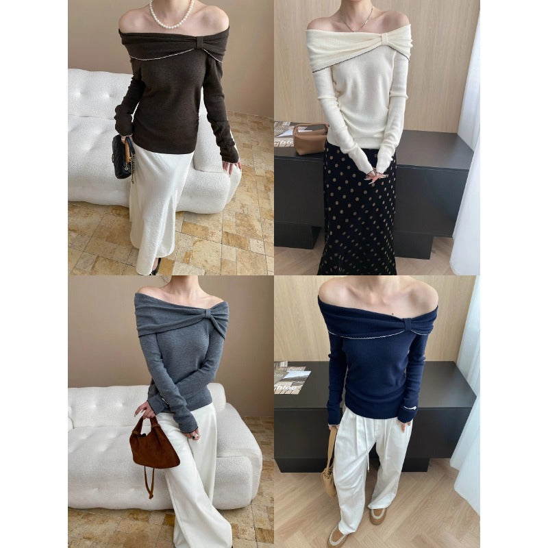 Damen Off-Shoulder Pullover Raffung Länge Langärmelig Norvielle
