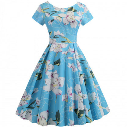 Damen Midikleid Rundhalsausschnitt Kurzärmel Blumenmuster - Norvielle