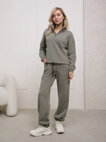 Damen Fleece-Jogginganzug Elastisch Beige