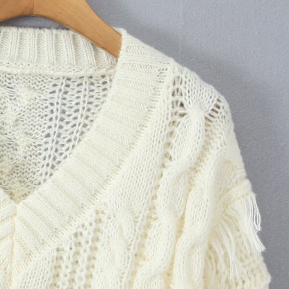 Damen Grobstrickpullover V-Ausschnitt Fransen Norvielle