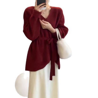Damen Strickjacke V-Ausschnitt Taillengürtel Norvielle