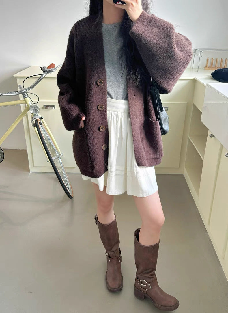 Damen Strickjacke Große Taschen Knöpfe Beige